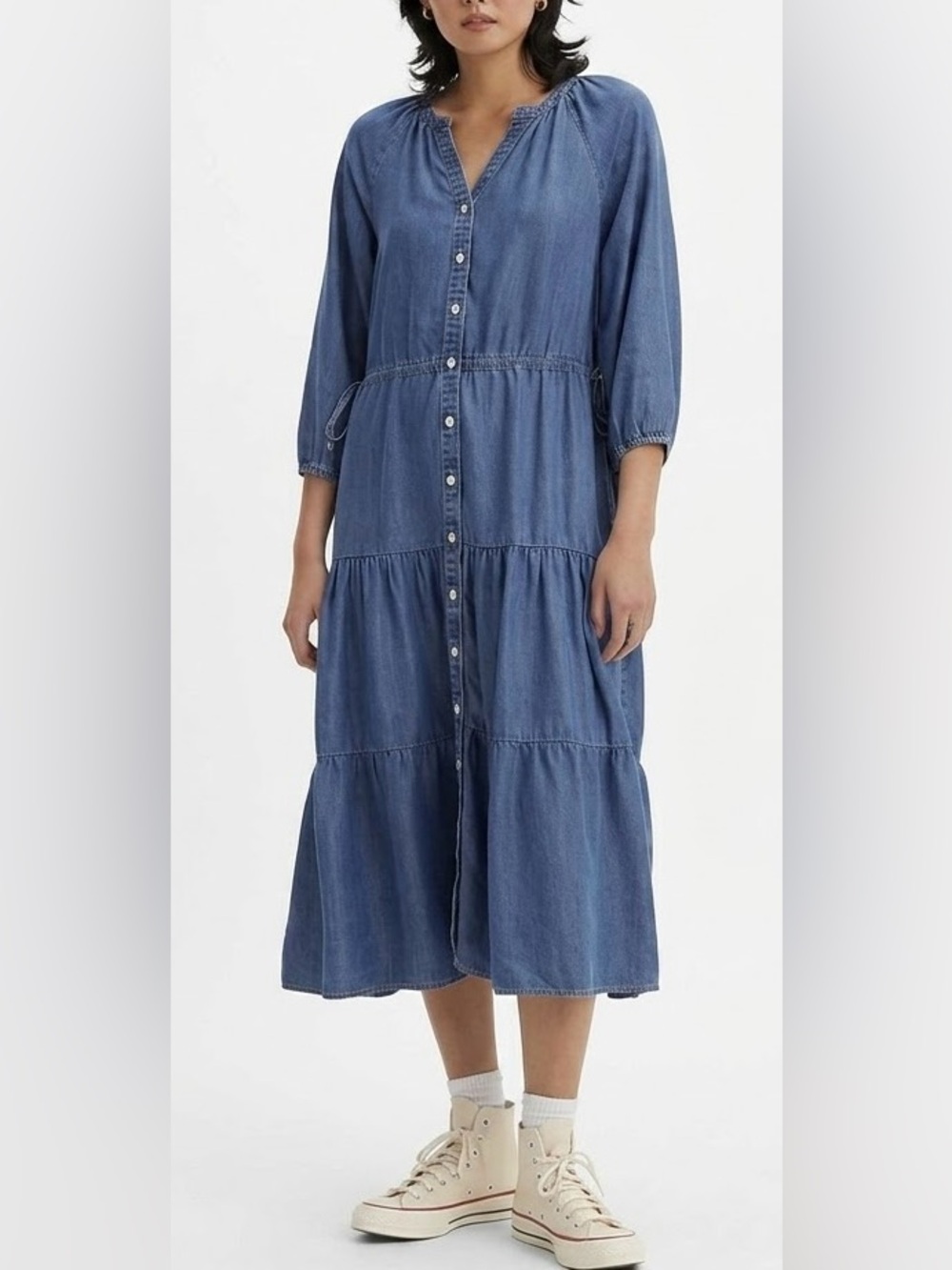 Levi’s Cecile Chambray Tiered Tie Waist Cottagecore Western Midi Dress